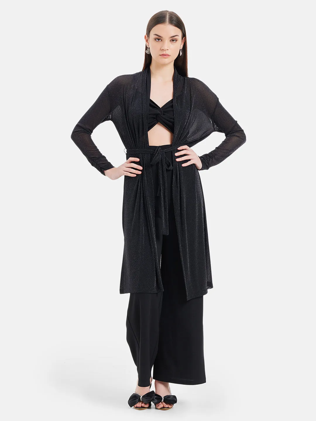 Mendez Sheer Full Sleeves Shrug With Belt