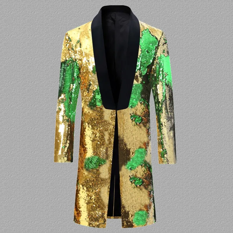 Men's England Style Long Embellished Sequin Single Button Party Blazer