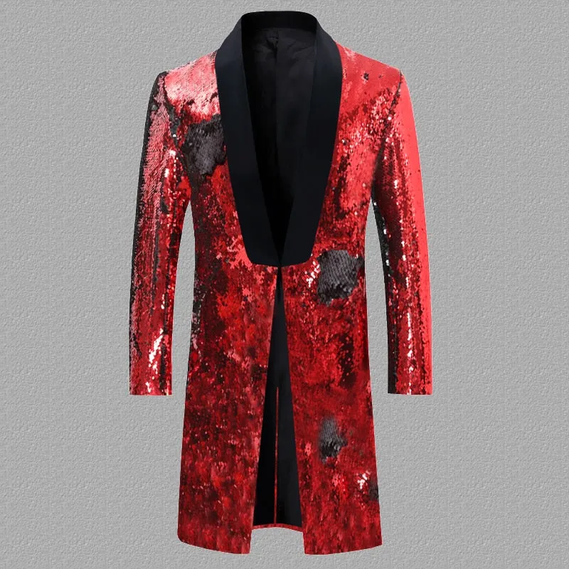 Men's England Style Long Embellished Sequin Single Button Party Blazer