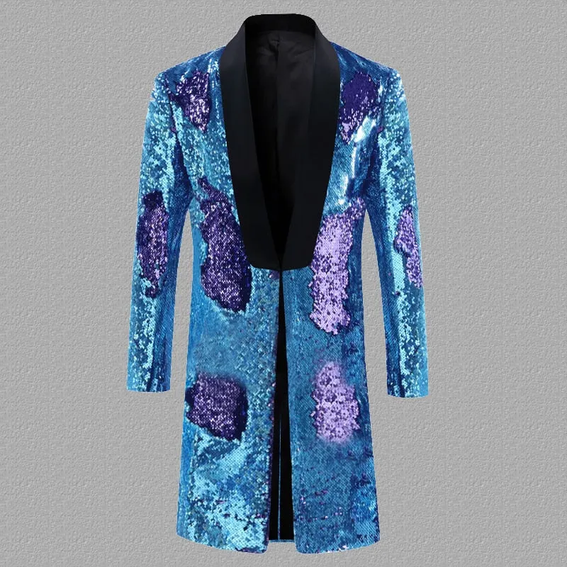 Men's England Style Long Embellished Sequin Single Button Party Blazer