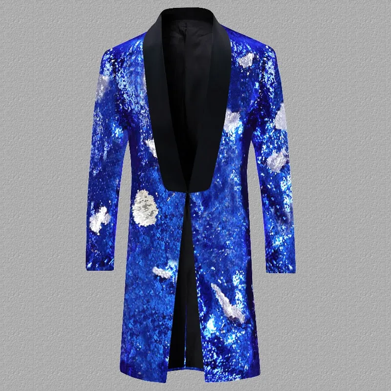 Men's England Style Long Embellished Sequin Single Button Party Blazer