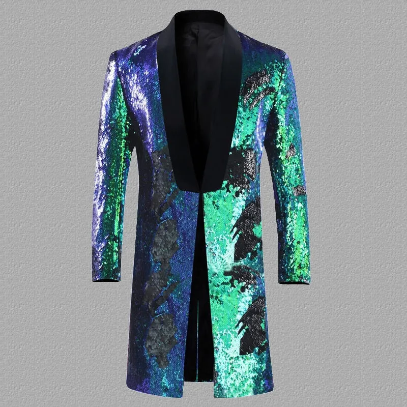 Men's England Style Long Embellished Sequin Single Button Party Blazer