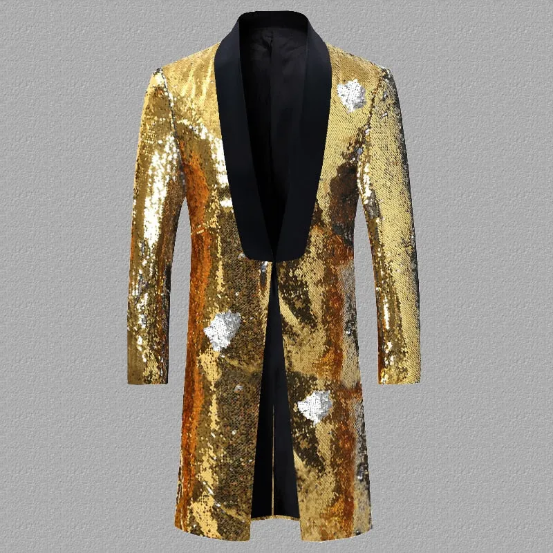 Men's England Style Long Embellished Sequin Single Button Party Blazer