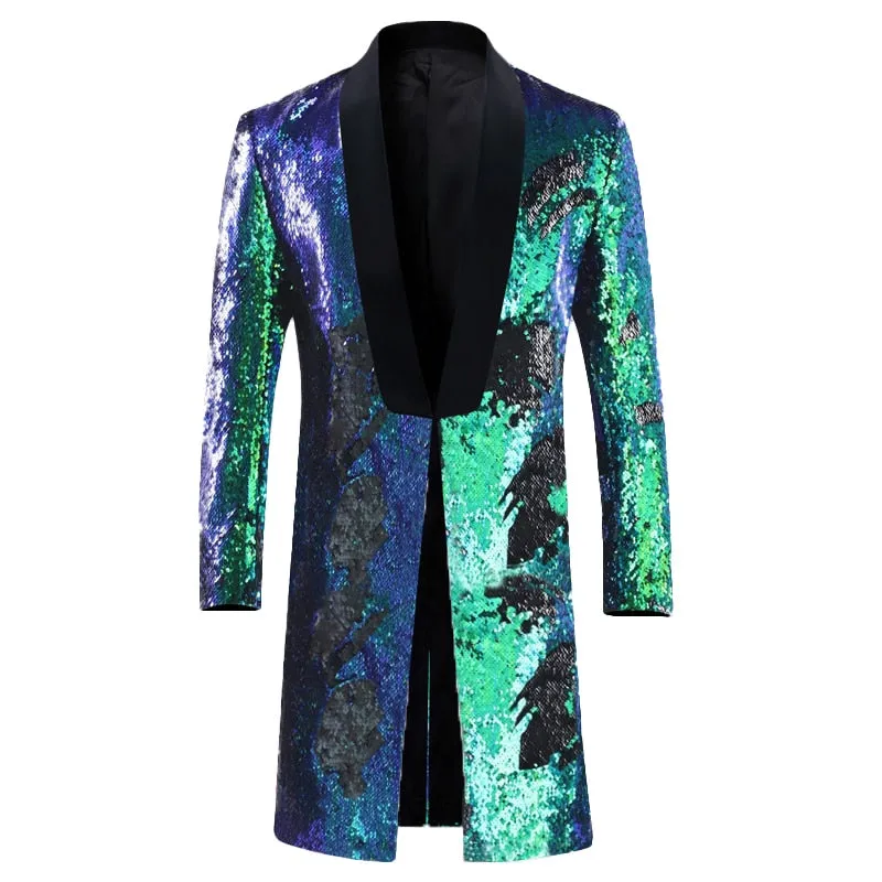 Men's England Style Long Embellished Sequin Single Button Party Blazer