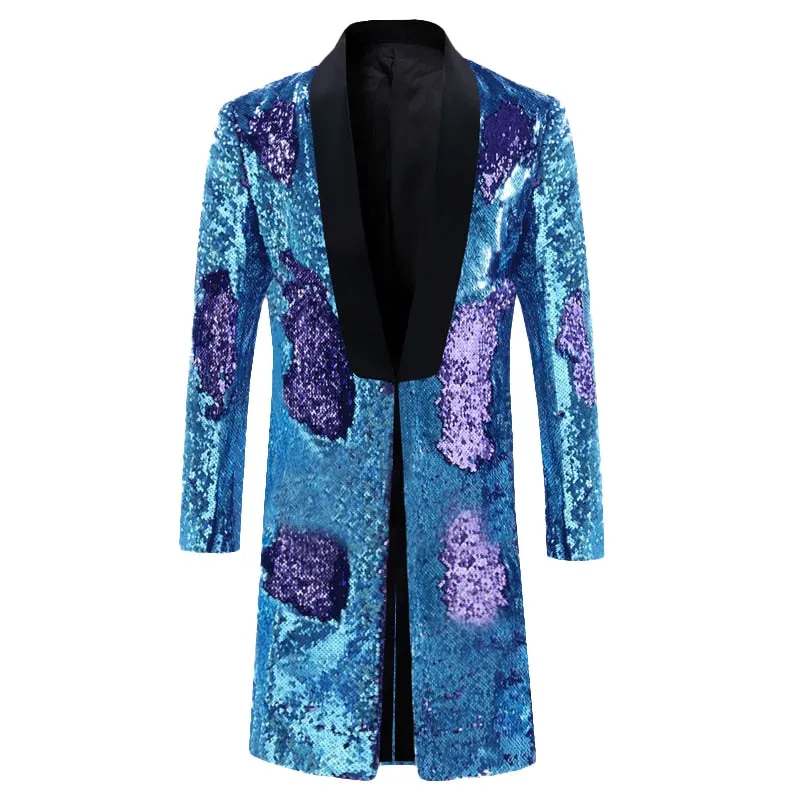 Men's England Style Long Embellished Sequin Single Button Party Blazer