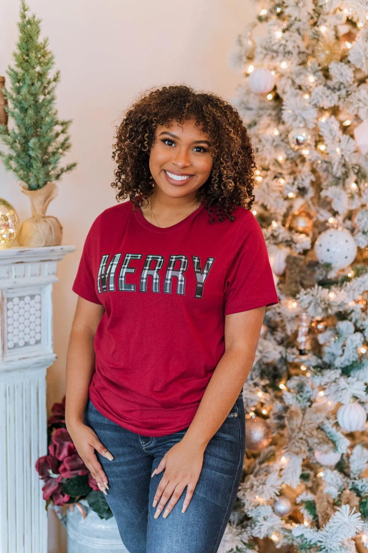 Merry Plaid Print Graphic Tee- Maroon