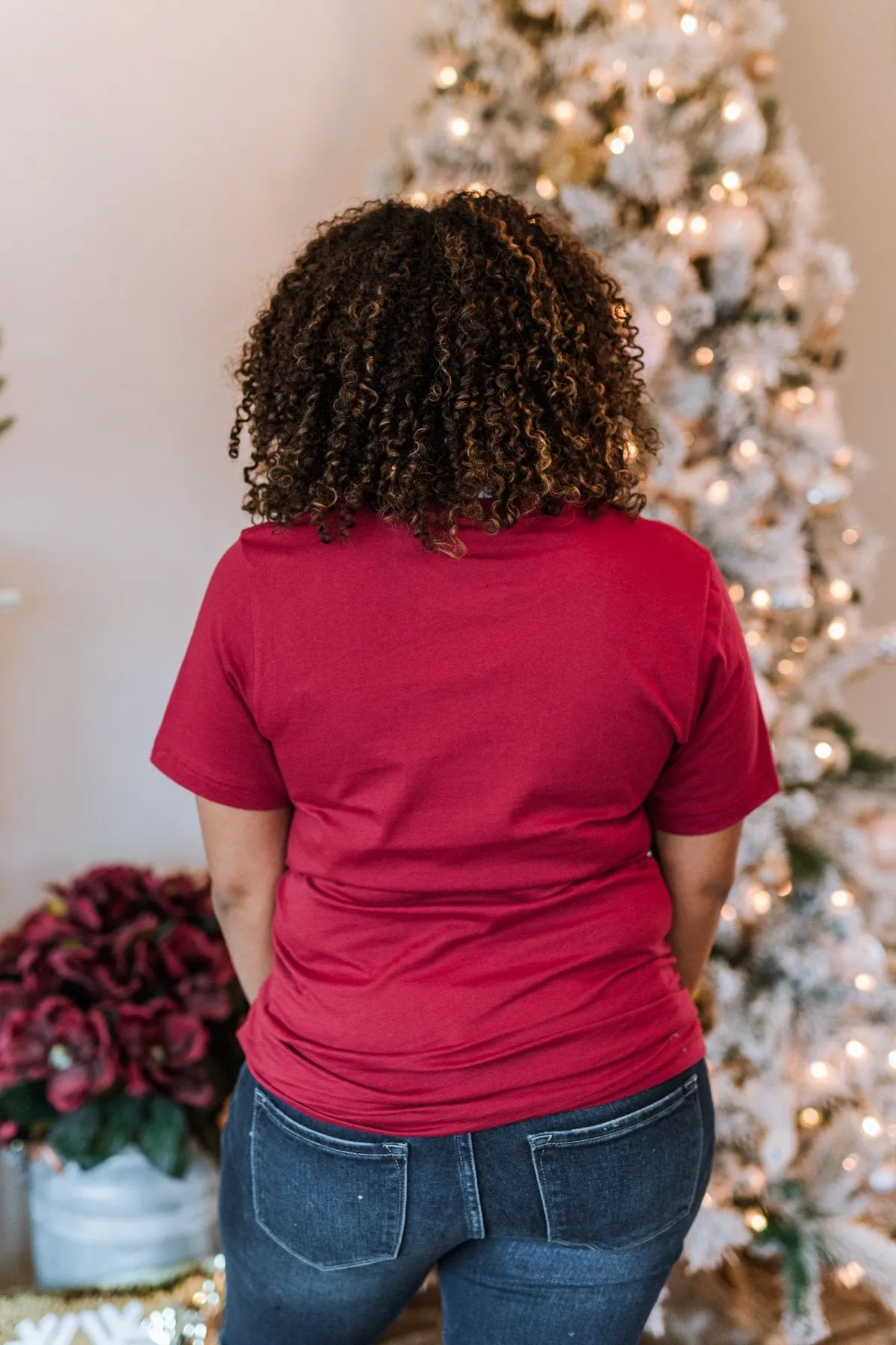 Merry Plaid Print Graphic Tee- Maroon