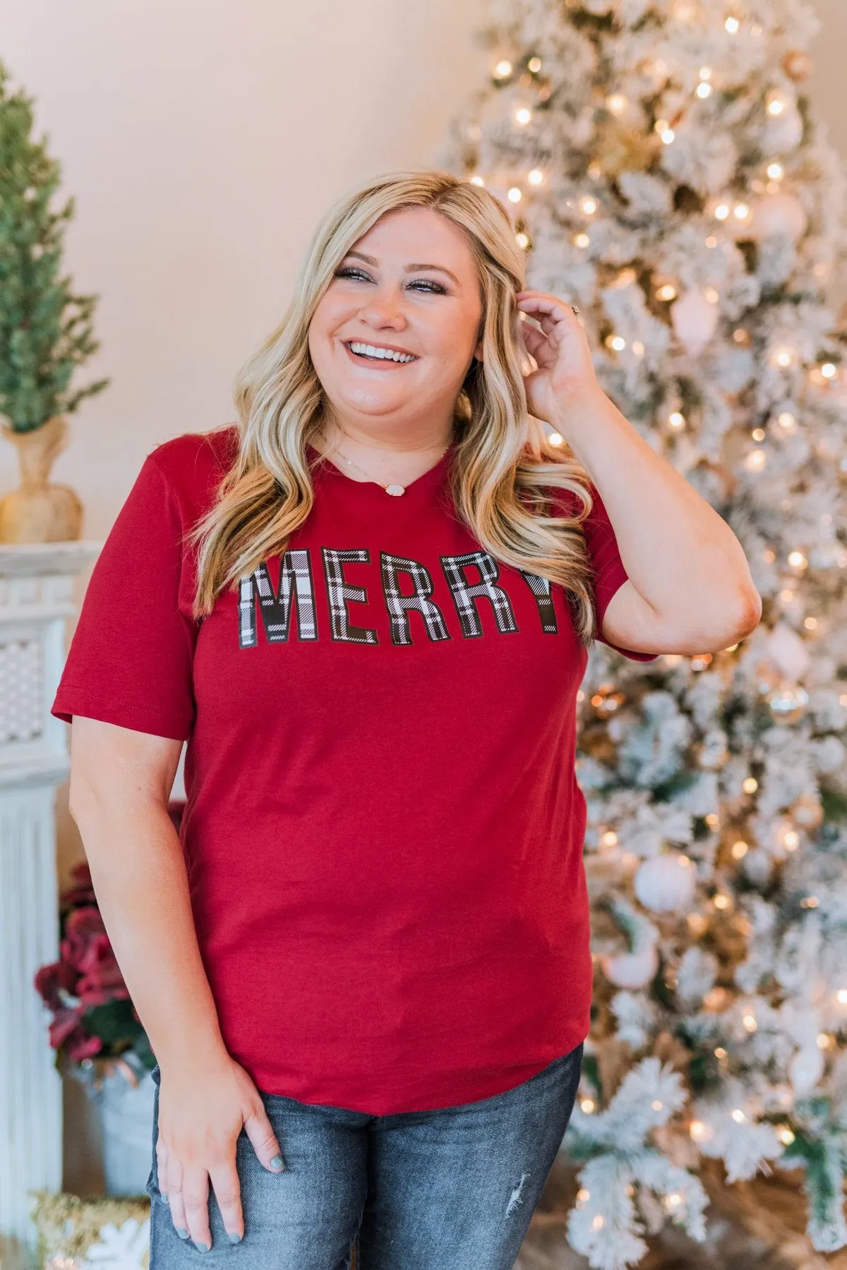 Merry Plaid Print Graphic Tee- Maroon