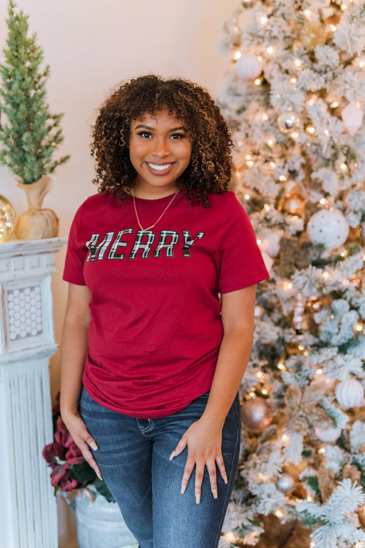 Merry Plaid Print Graphic Tee- Maroon