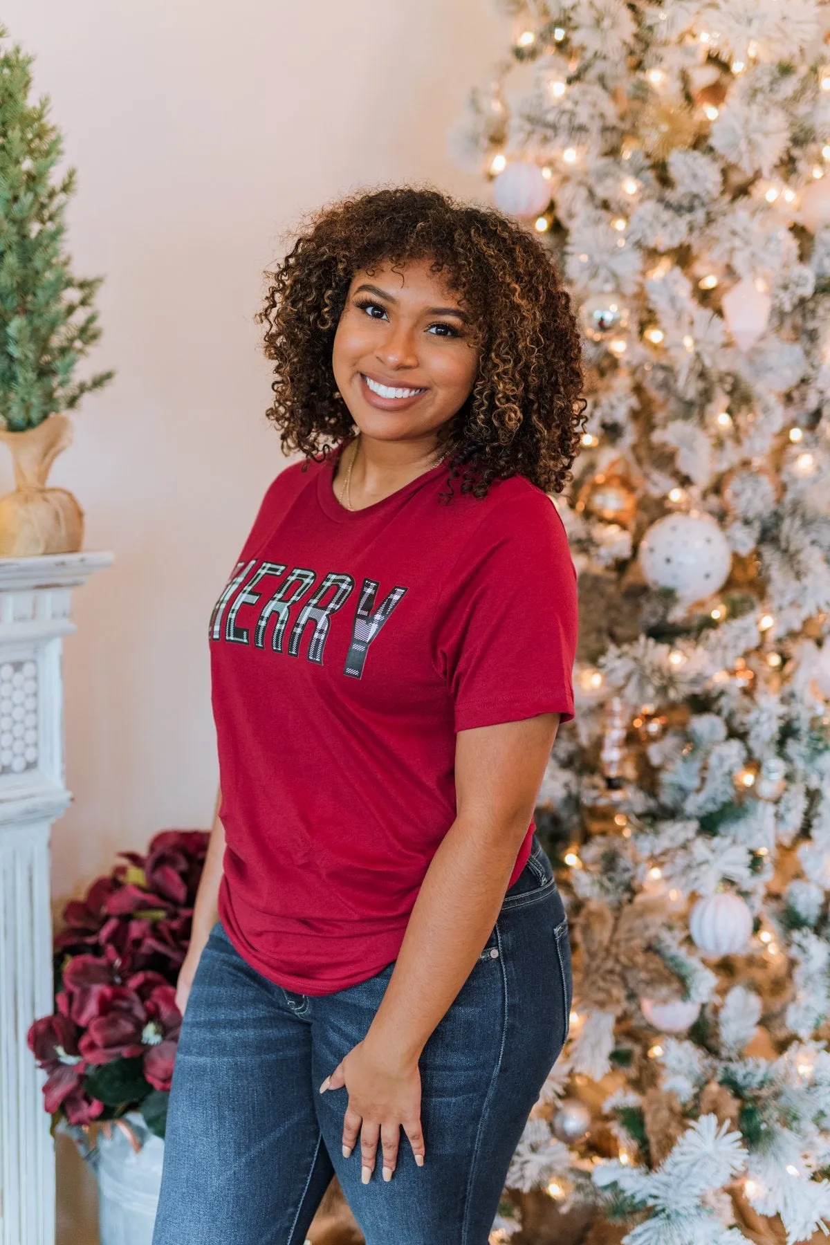 Merry Plaid Print Graphic Tee- Maroon