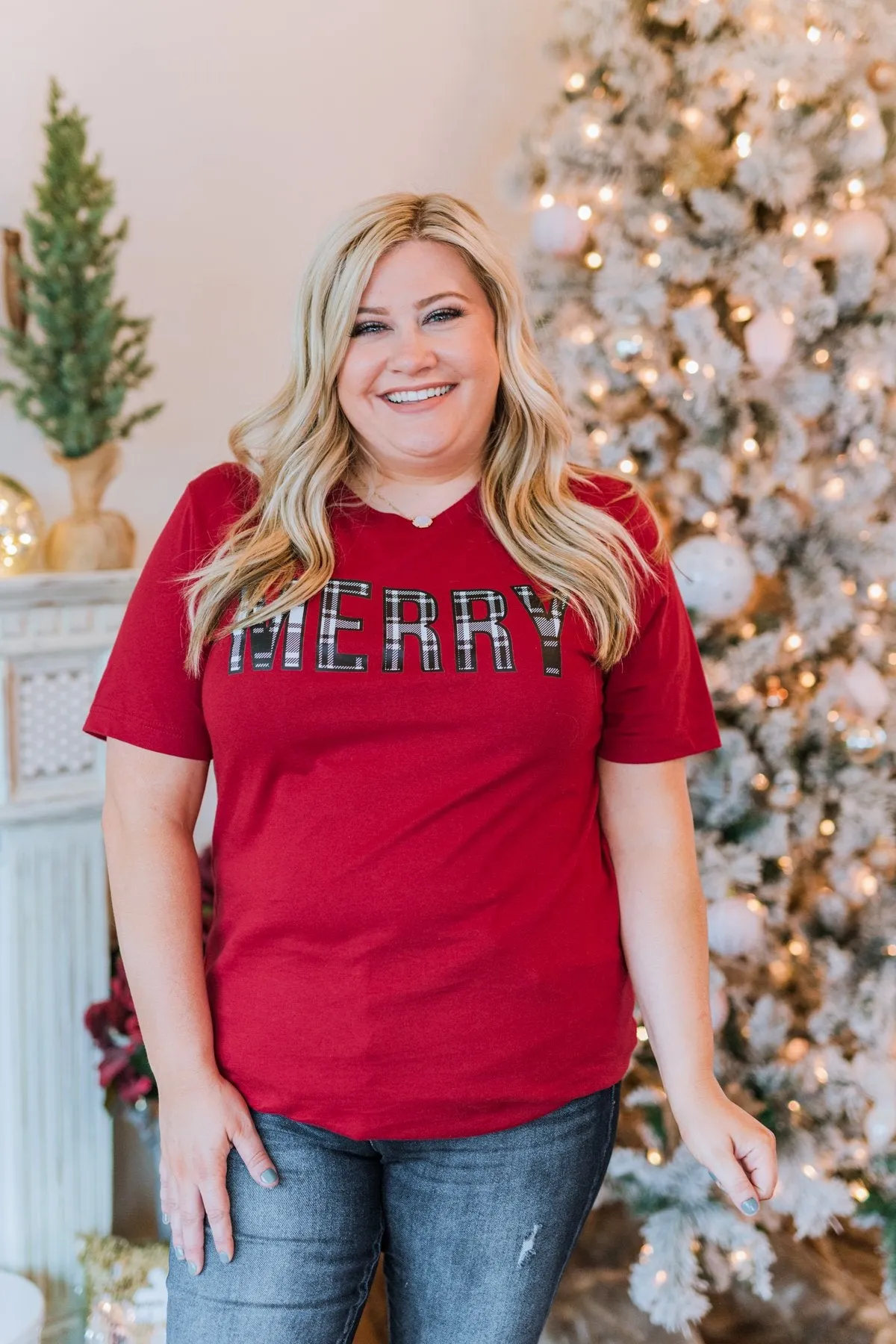 Merry Plaid Print Graphic Tee- Maroon