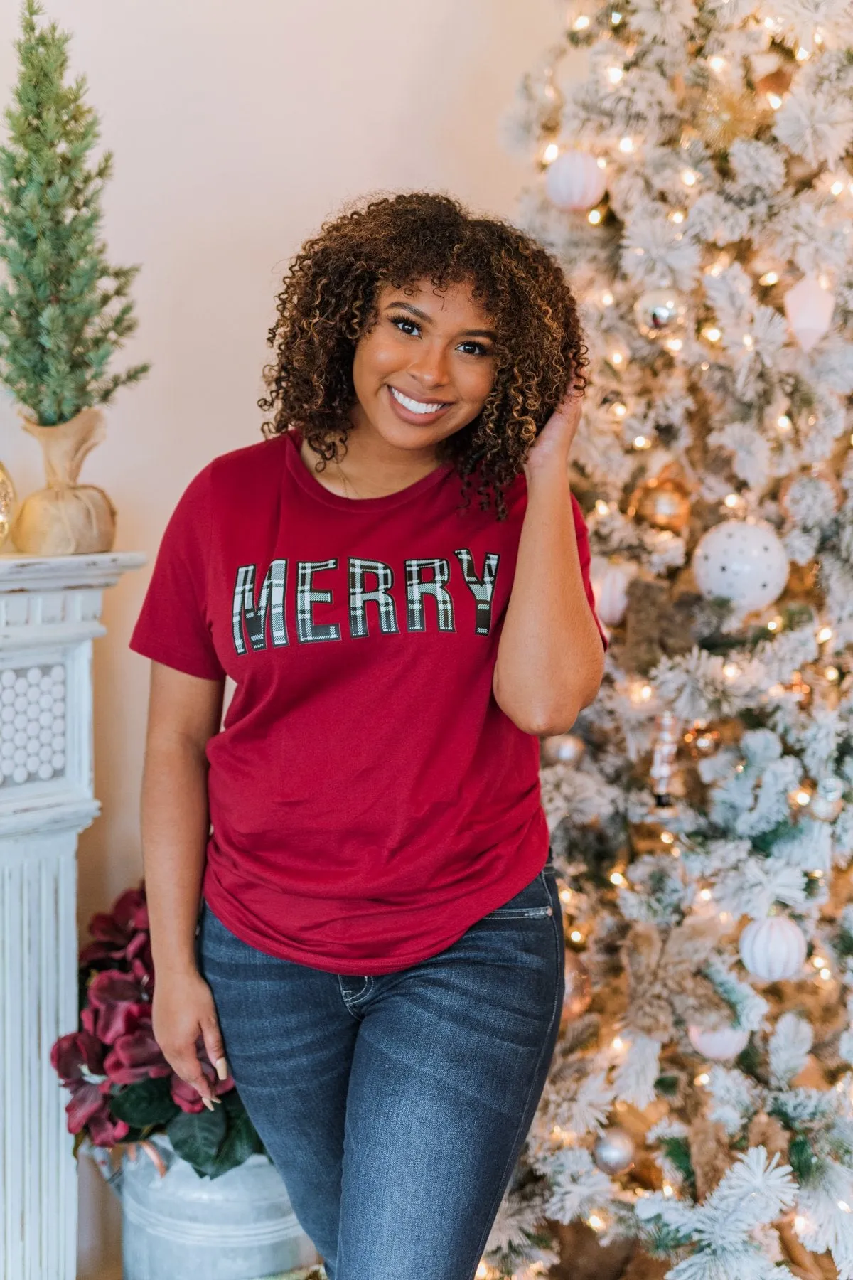 Merry Plaid Print Graphic Tee- Maroon