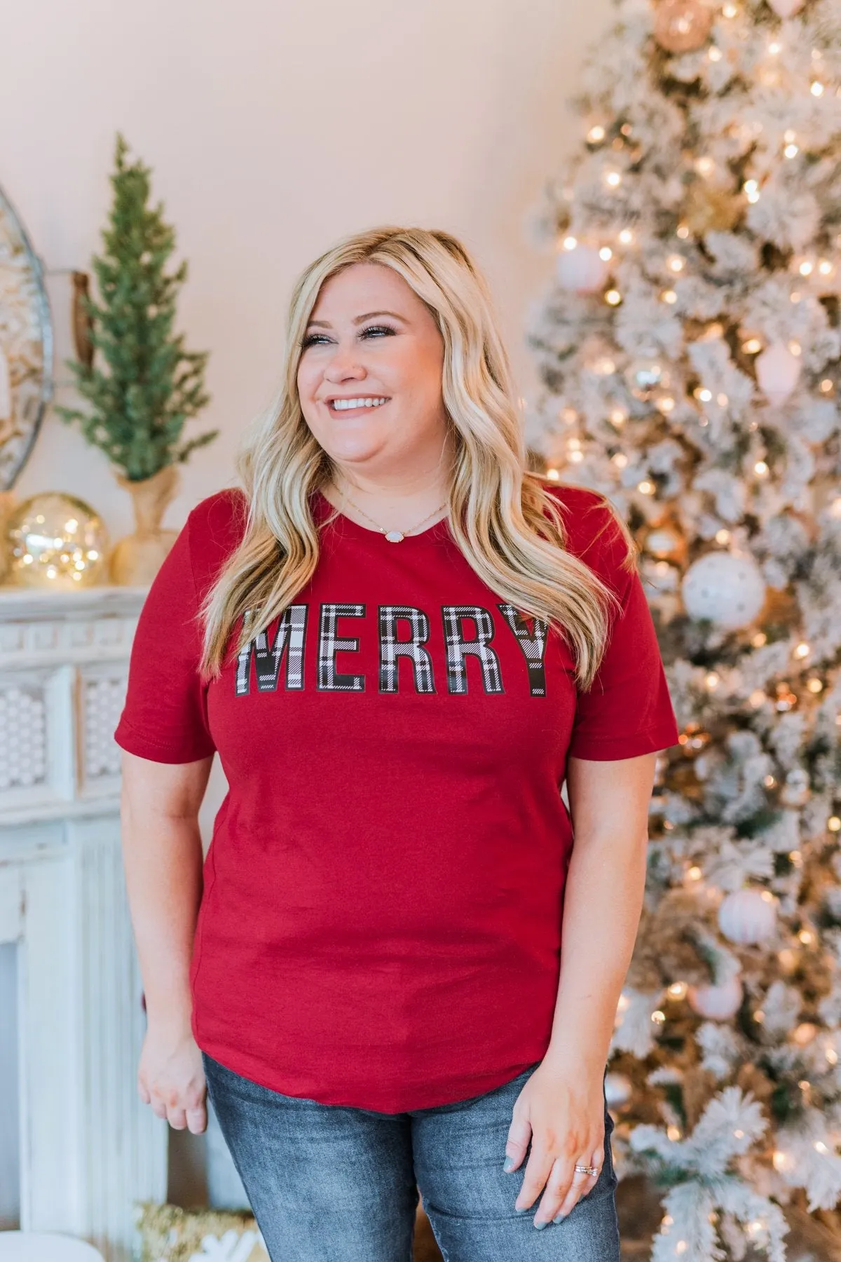 Merry Plaid Print Graphic Tee- Maroon