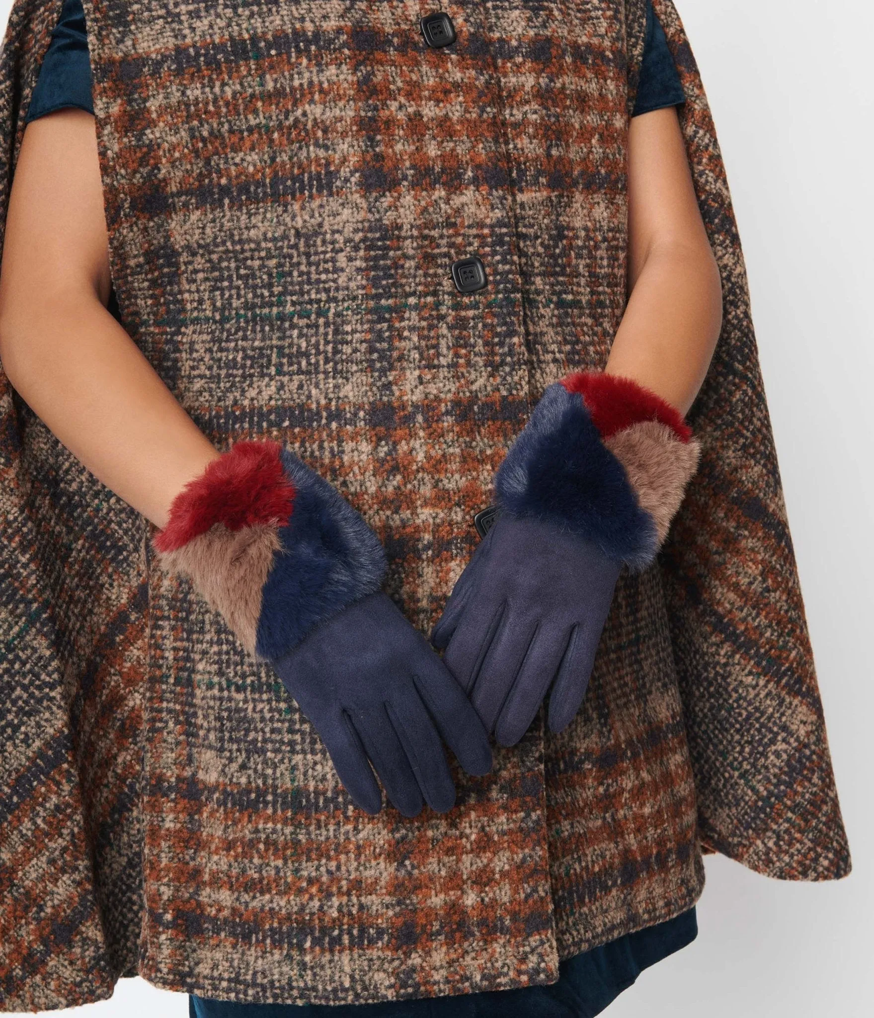 Navy Suede & Burgundy Faux Fur Trim Gloves