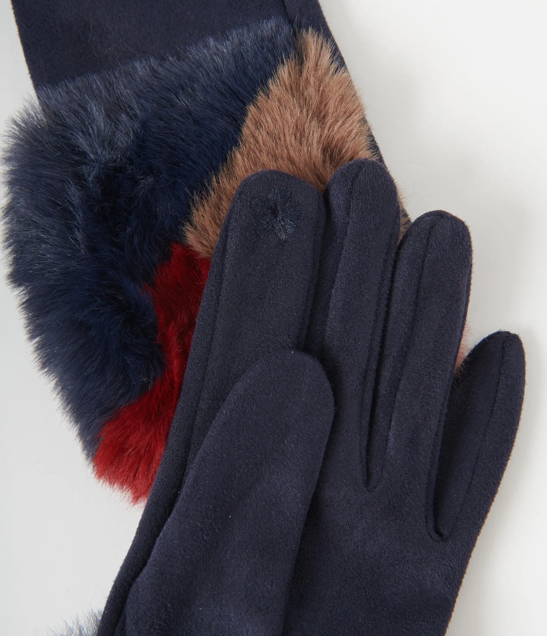 Navy Suede & Burgundy Faux Fur Trim Gloves