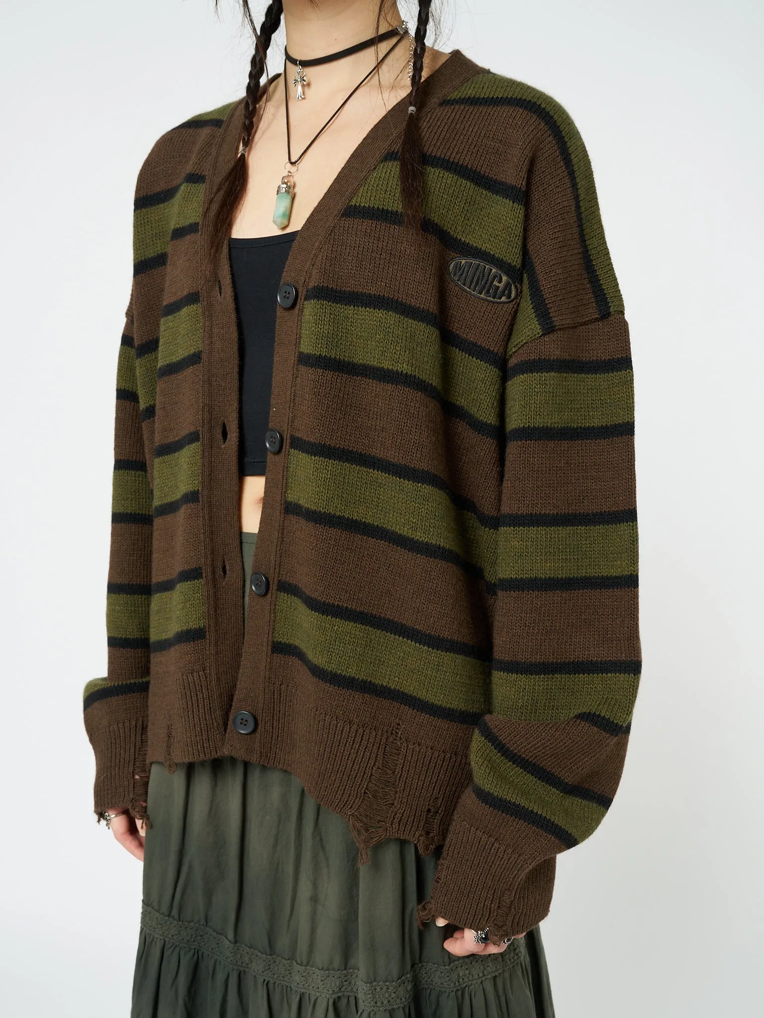 Neesa Brown & Green Stripe Knit Cardigan