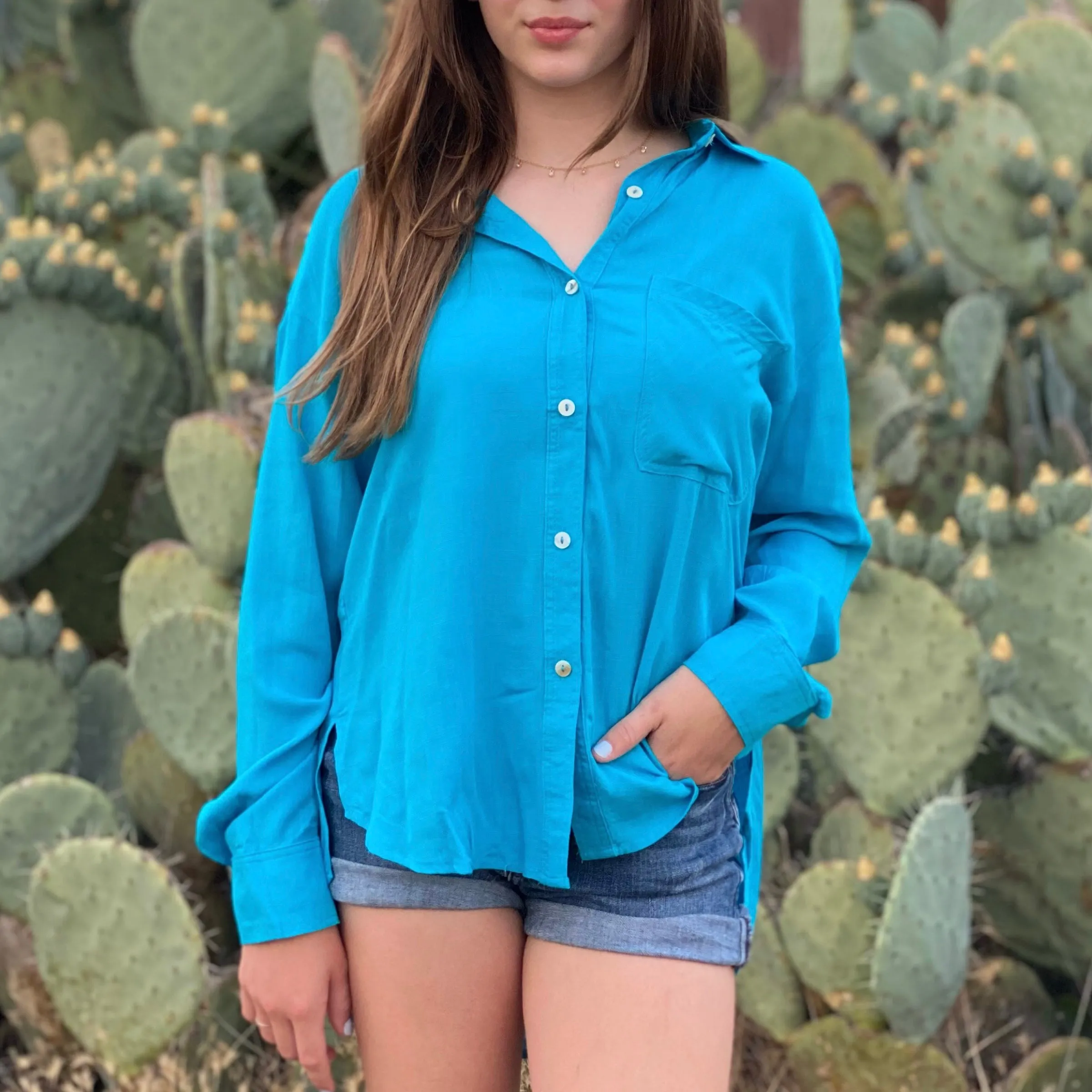 Ocean Breeze Button Down Top Blue