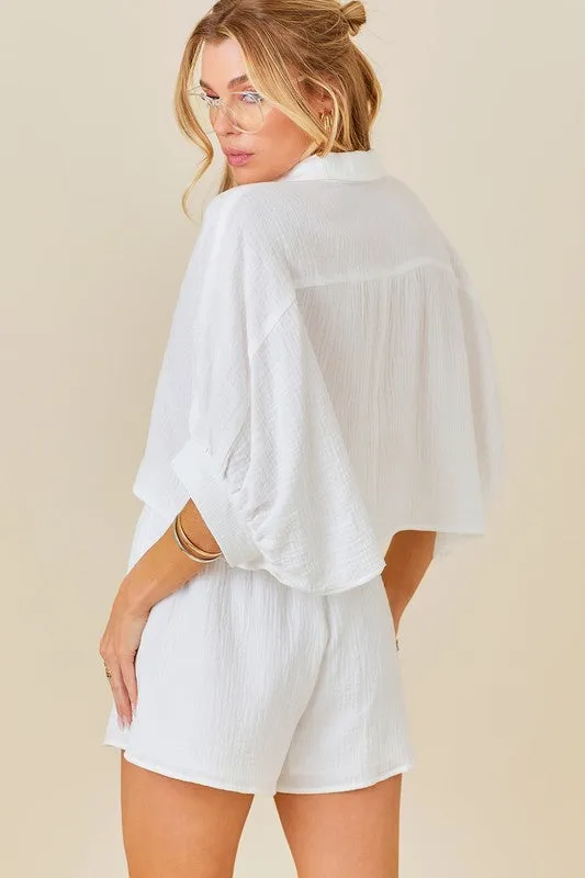 Oversized Gauze Button Down Cropped Shirt