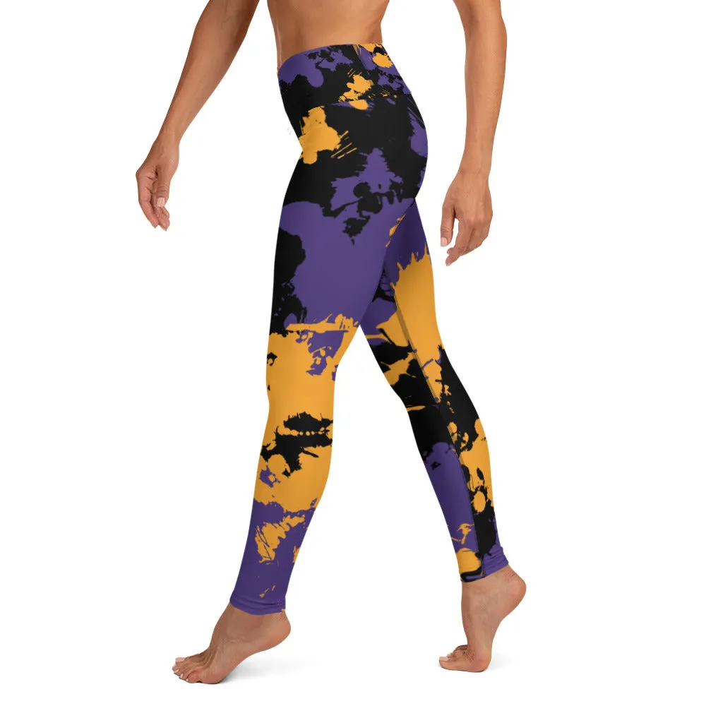 Purple Gold and Black Legends Paint Splatter High-Waisted Yoga Leggings