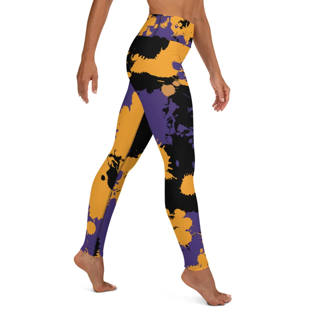 Purple Gold and Black Legends Paint Splatter High-Waisted Yoga Leggings