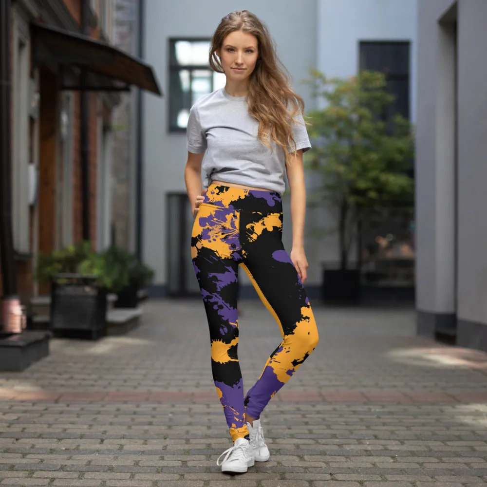 Purple Gold and Black Legends Paint Splatter High-Waisted Yoga Leggings