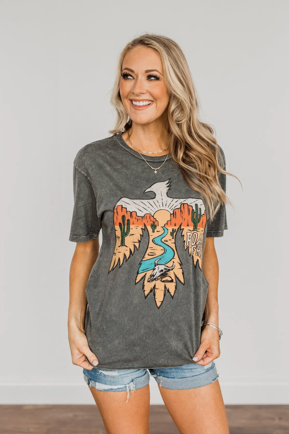 Roam Free Desert Bird Graphic Tee- Charcoal