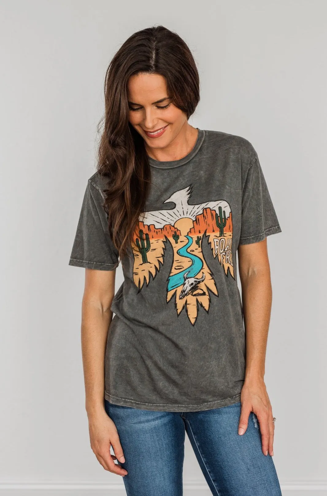 Roam Free Desert Bird Graphic Tee- Charcoal