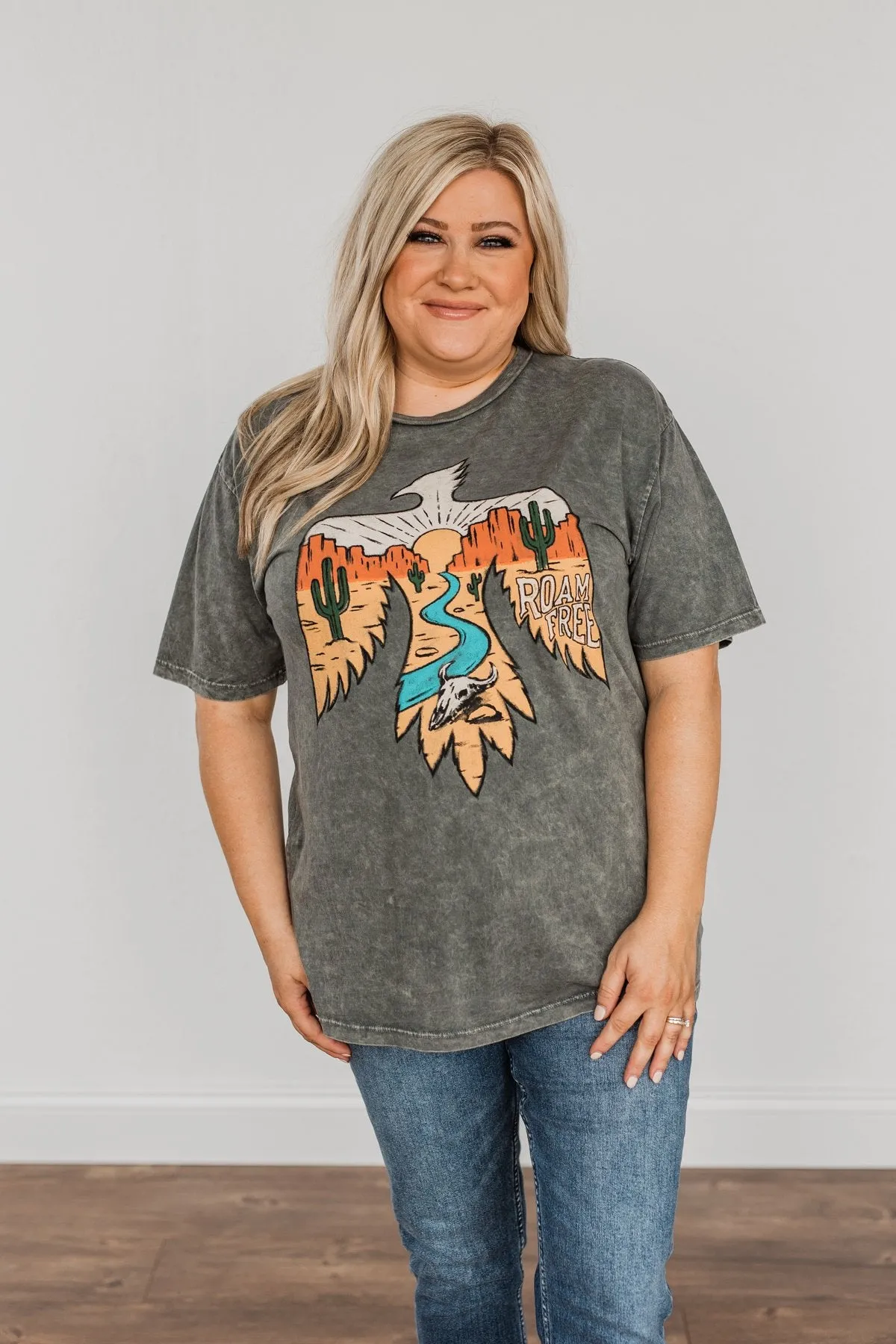 Roam Free Desert Bird Graphic Tee- Charcoal