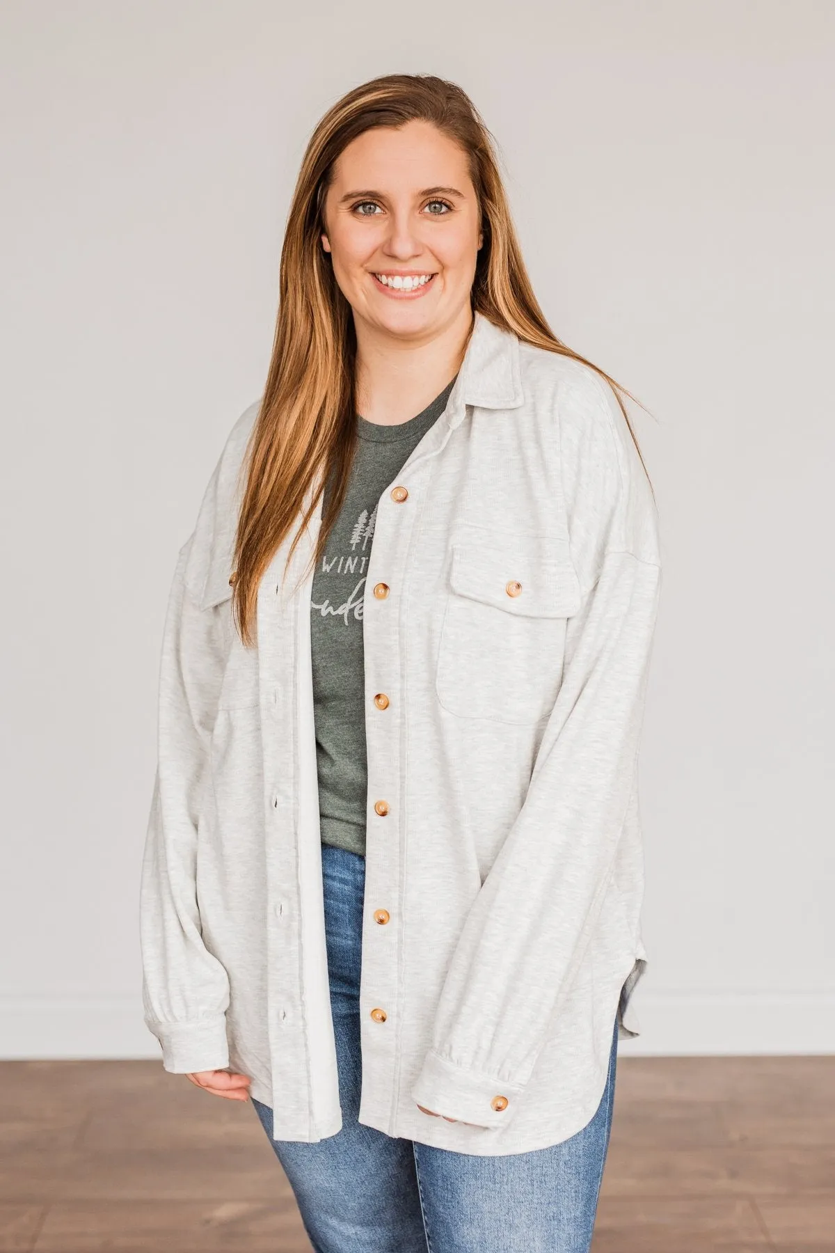 Sparkling Snow Button Pocket Top- Heathered Ivory