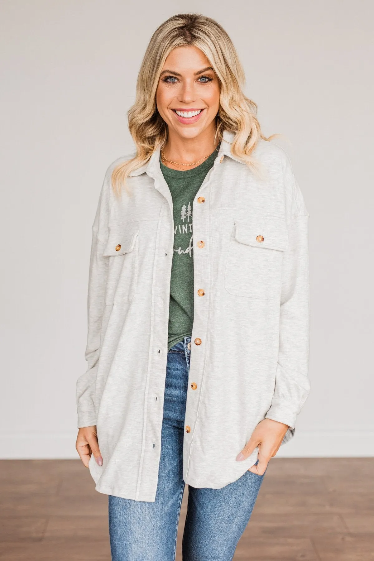 Sparkling Snow Button Pocket Top- Heathered Ivory