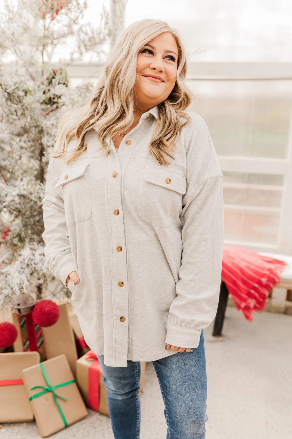 Sparkling Snow Button Pocket Top- Heathered Ivory