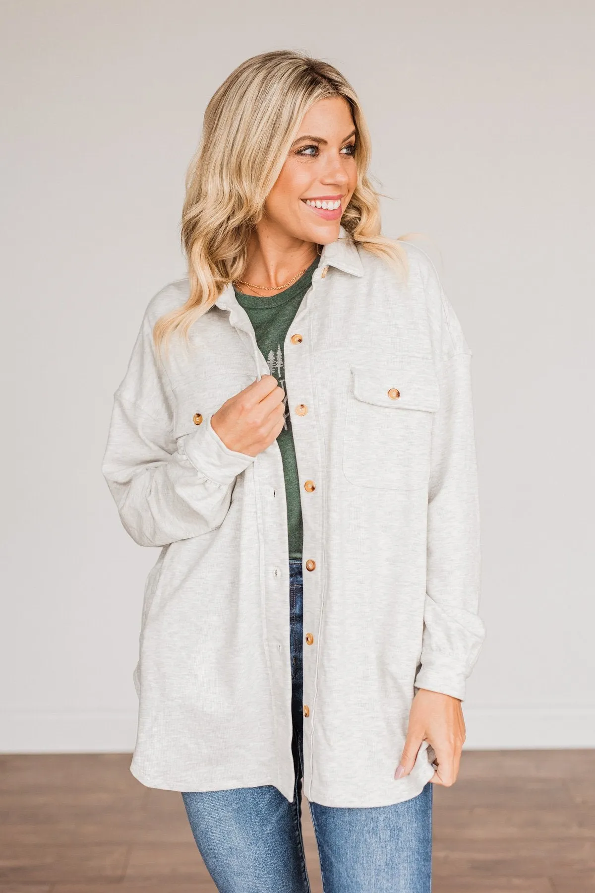 Sparkling Snow Button Pocket Top- Heathered Ivory