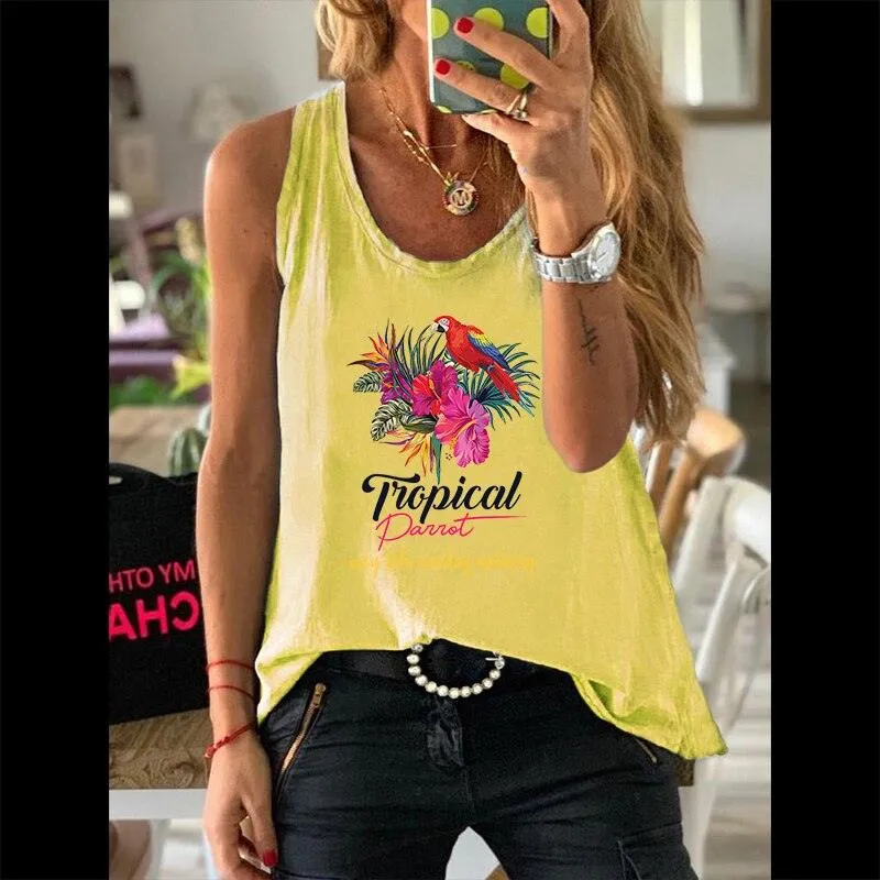 Summer Graphic Women 100% Cotton Sleeveless Vests Female Casual Waistcoats Parrot Floral Print Ladies Regular Camisole Tank Tops