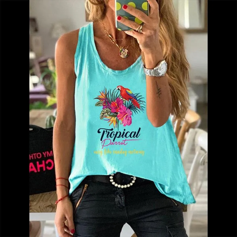 Summer Graphic Women 100% Cotton Sleeveless Vests Female Casual Waistcoats Parrot Floral Print Ladies Regular Camisole Tank Tops