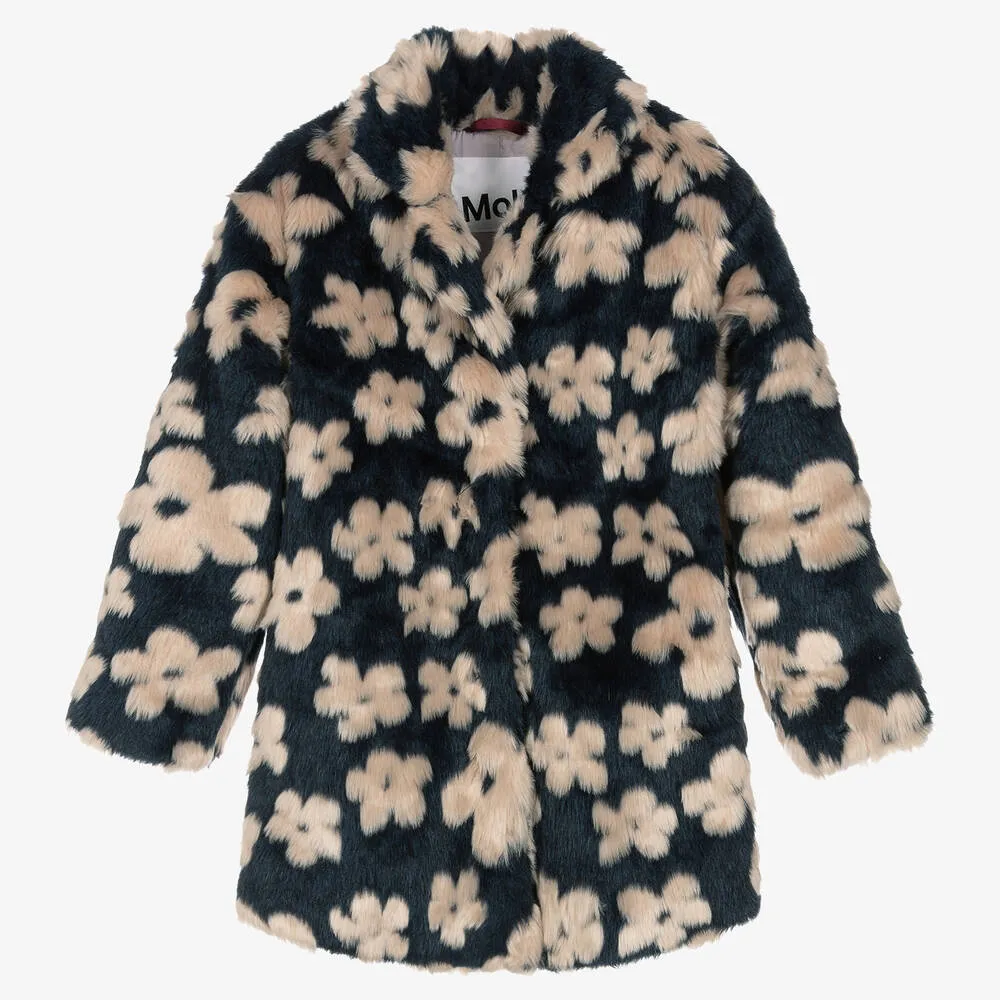 Teen Girls Blue Floral Faux Fur Coat