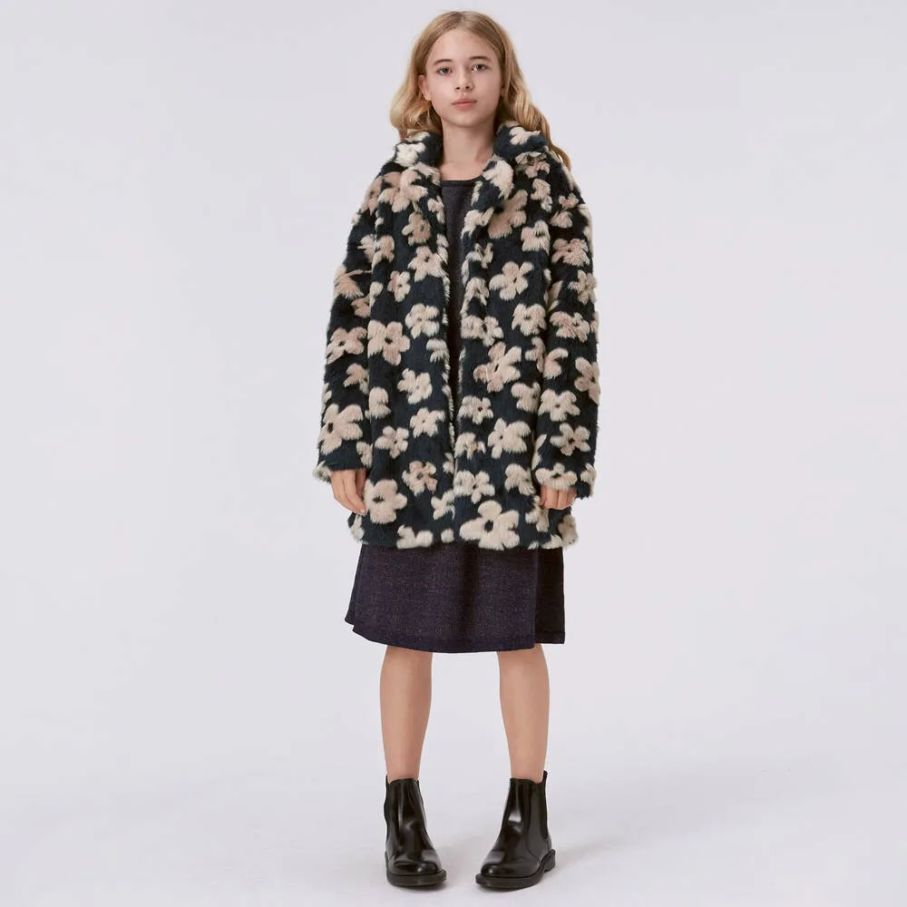 Teen Girls Blue Floral Faux Fur Coat