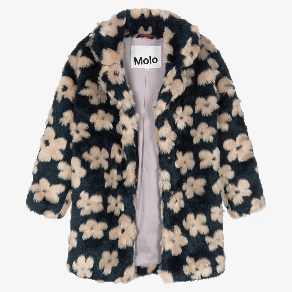 Teen Girls Blue Floral Faux Fur Coat