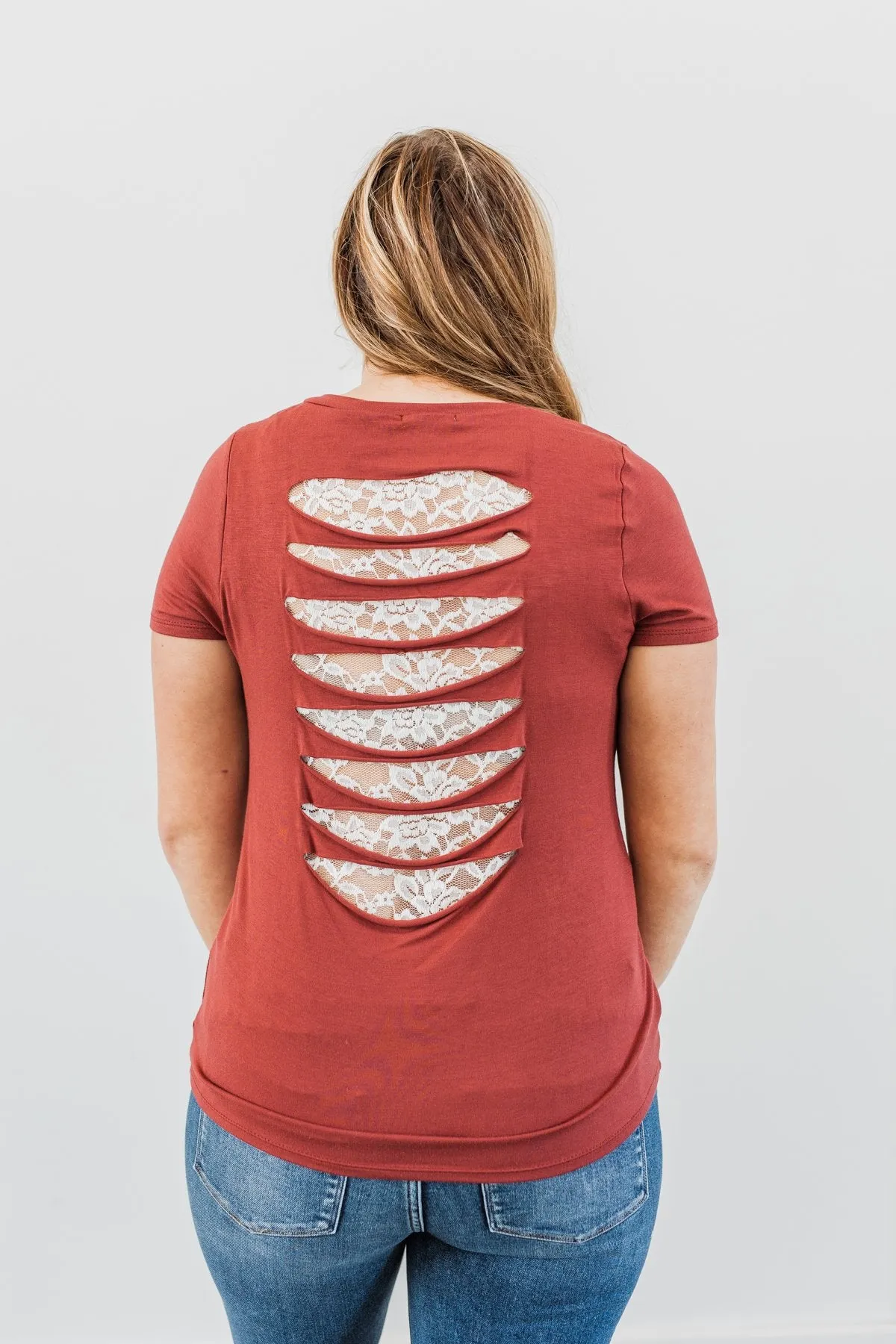 True To Your Heart Lace Back Shirt- Dusty Brick