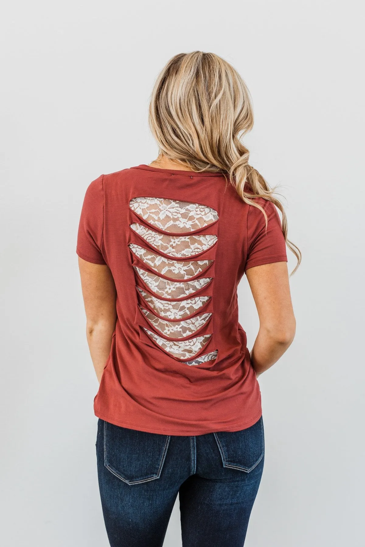 True To Your Heart Lace Back Shirt- Dusty Brick