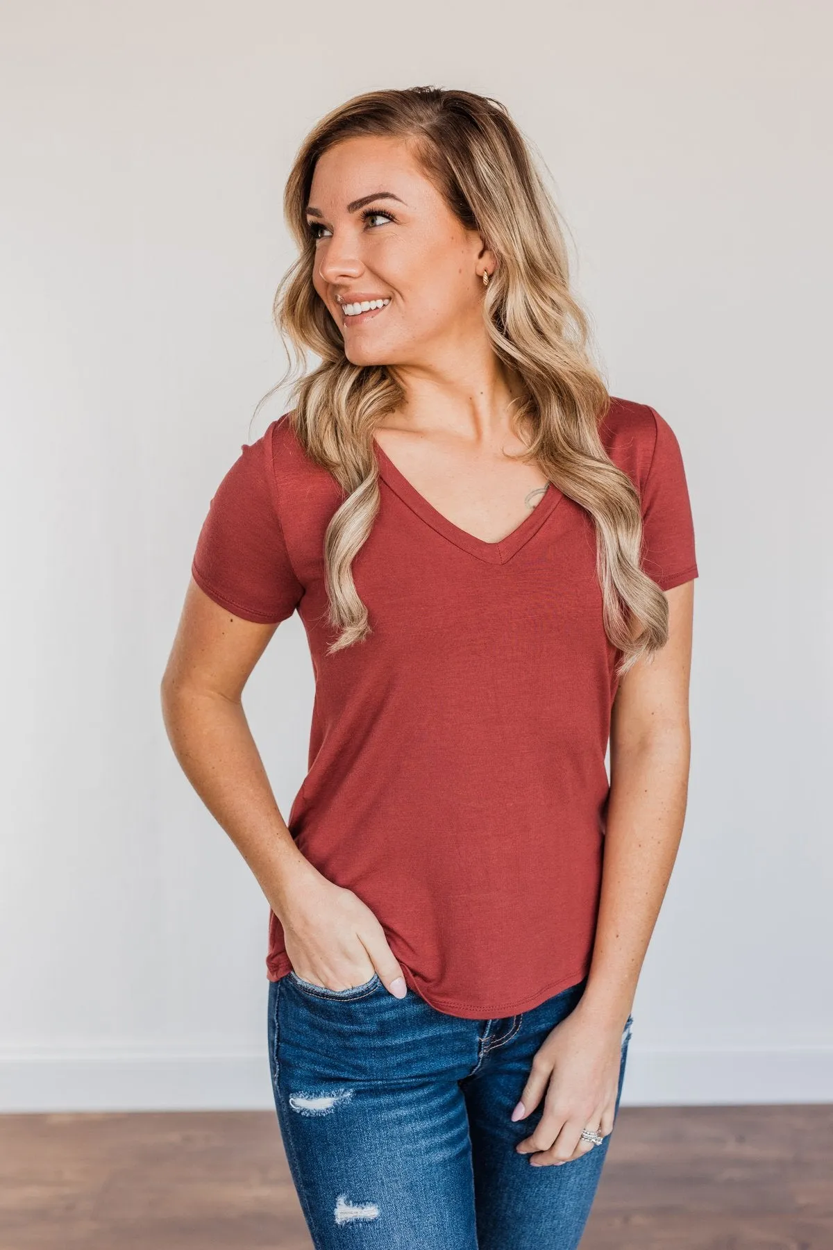 True To Your Heart Lace Back Shirt- Dusty Brick