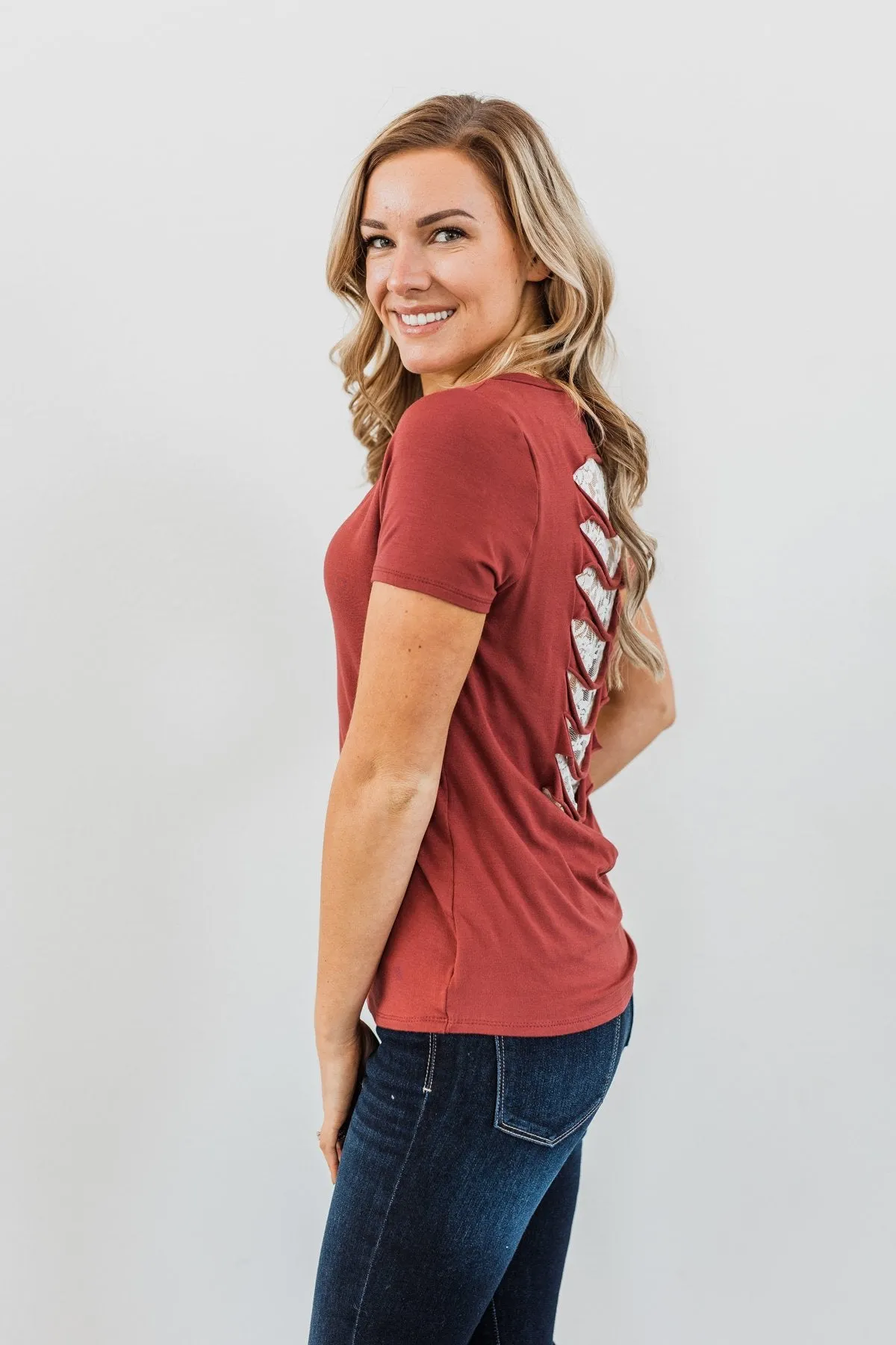 True To Your Heart Lace Back Shirt- Dusty Brick