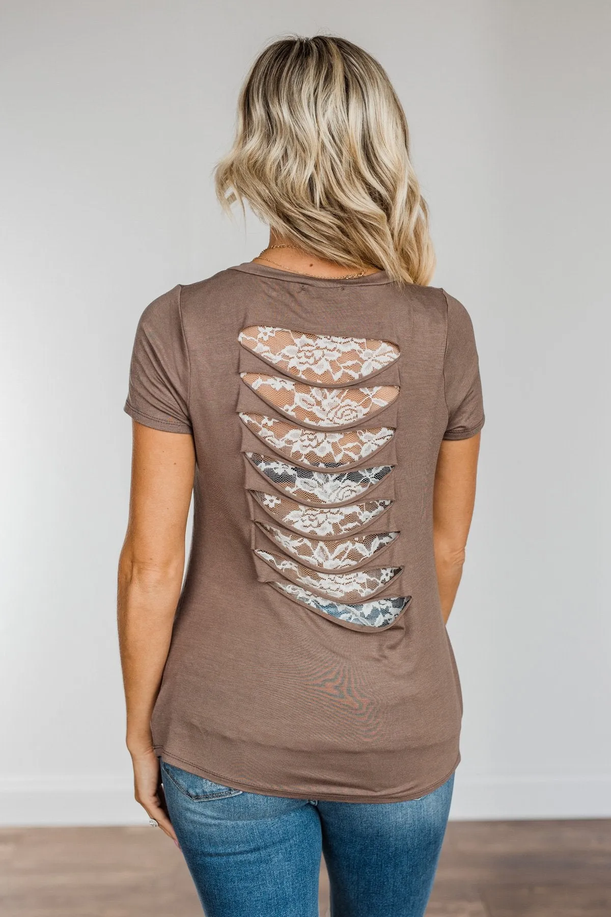 True To Your Heart Lace Back Shirt- Mocha