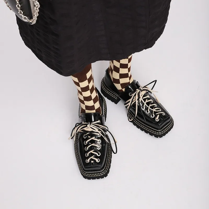 Women Square Lace-up Leather Shoes 